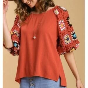 UMGEE | Linen Blend Crochet Puff Sleeve Blouse Sz S Orange Tunic Western Boho
